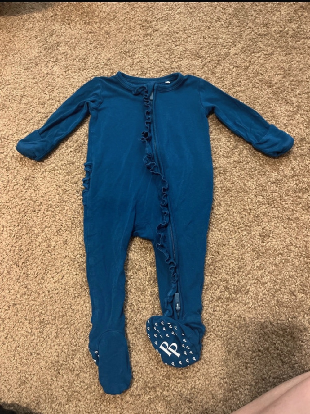 Posh Peanut Teal Ruffle-Trim Footed One-Piece